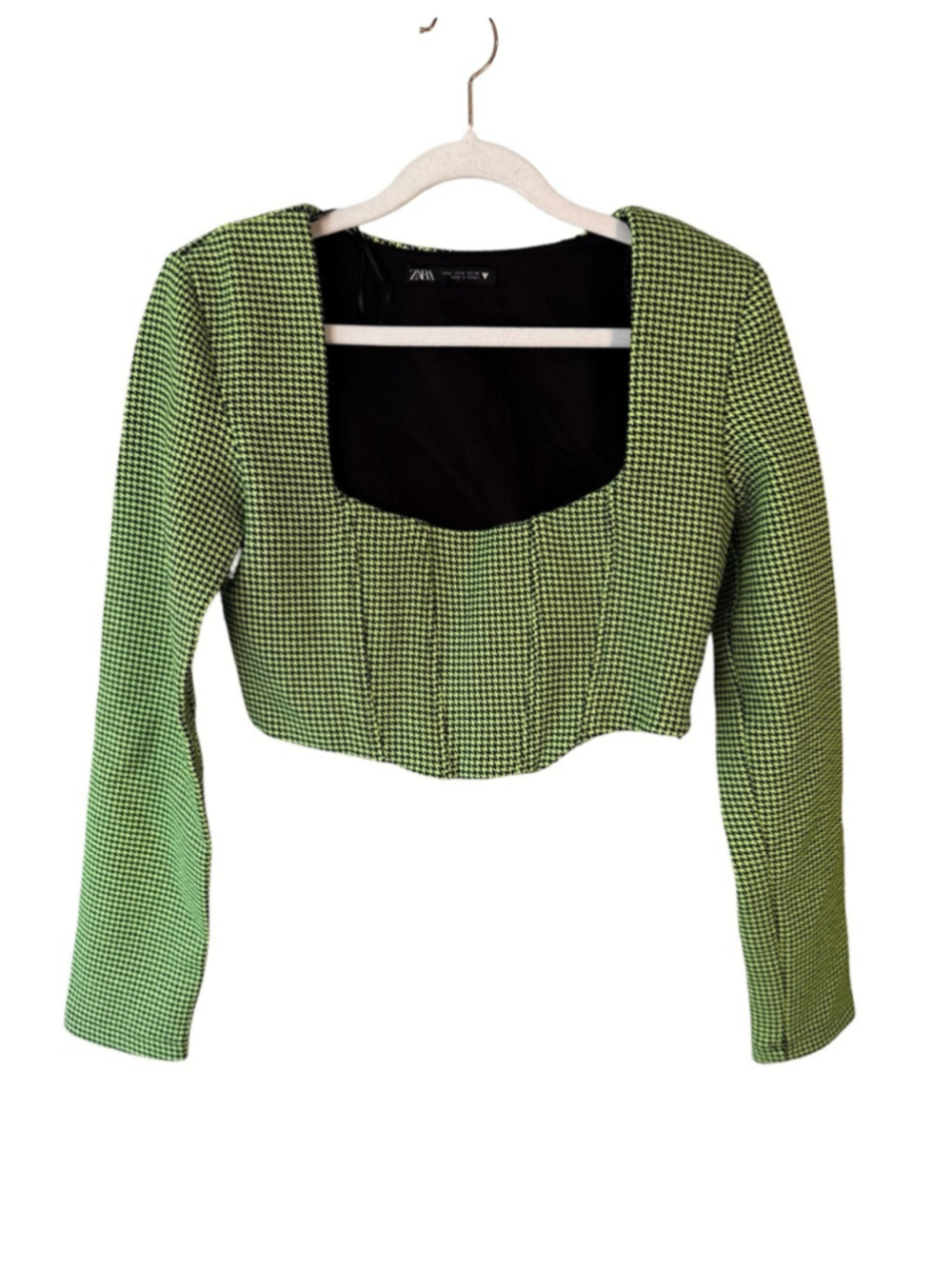 Zara Neon Green Houndstooth Cropped Square-Neck Top Size M Y2K Clubwear